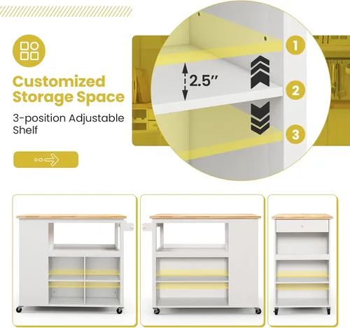 Vista 5 de Giantex Carrito de isla de cocina con ruedas, mesa de isla rodante con parte superior de madera de caucho, cajón, estante para especias de 3