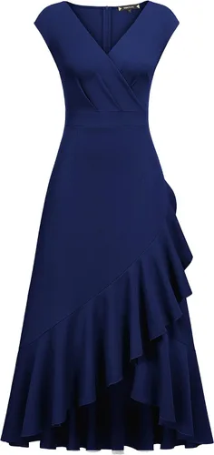 Vista 5 de Miusol Vestido largo formal de cóctel con cuello en V y volantes para mujer