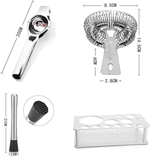Vista 7 de TOEWOE Juego de coctelera de 14 piezas con soporte, kit de barman de acero inoxidable, herramientas profesionales para mezclar bebidas, hogar, bar