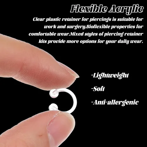 Vista 6 de 29 piezas de retenedores de piercing transparentes – Piercing de nariz transparente acrílico – aretes de nariz, aretes de tabique, juego de joyería