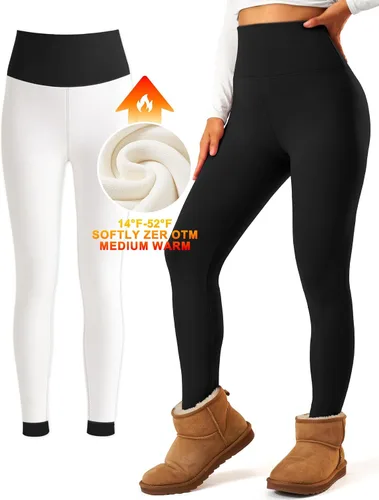 Vista 2 de Paquete de 2 leggings con forro polar para mujer, control de abdomen, cintura alta, pantalones de yoga cálidos y suaves para entrenamiento