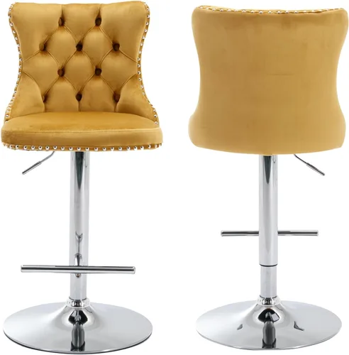 Vista 18 de Juego de 2 taburetes de bar beige, taburetes de bar tapizados ajustables con respaldo y reposapiés dorado, modernos taburetes de bar giratorios