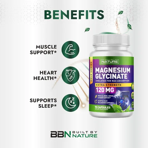 Vista 2 de Built By Nature Glicinato de magnesio - Quelatado para una alta absorción - Suplemento para apoyar el sueño, la salud muscular, cardíaca y nerviosa