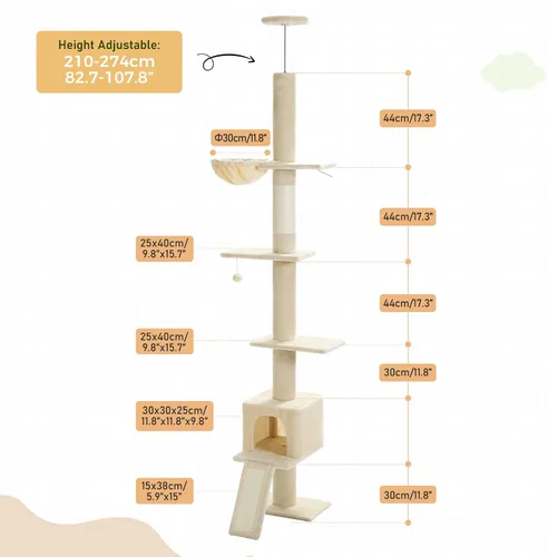 Vista 3 de PEQULTI Árbol para gatos de piso a techo, torre alta para gatos, altura ajustable (83-108 pulgadas), 5 niveles de árbol trepador para gatos