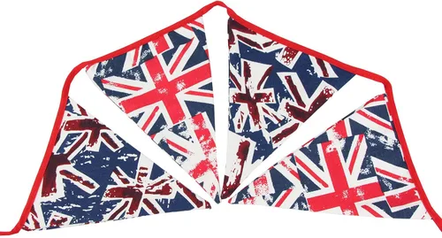 Vista 8 de Bandera de lona de 12 pies de largo con 12 banderas triangulares, banderines británicos, decoración de fiesta, bandera patriótica británica