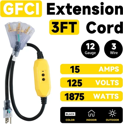 Vista 2 de EP Cable de extensión de 3 pies, 12/3 SJTW 3 tomas de corriente eléctrica Negro