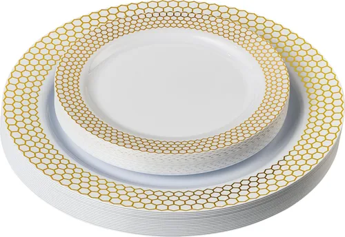 Vista 22 de PLASTICPRO Juego de 32 elegantes platos desechables de plástico que incluye 16 platos llanos y 16 platos de ensalada, platos de fiesta resistentes