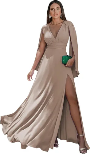 Vista 19 de Women's Long Sleeve Bridesmaid Dresses V-Neck Chiffon Ruched Formal Dress Evening Gown with Slit