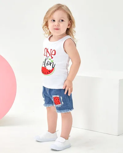 Vista 3 de Mikrdoo Ropa para bebé niña pequeña, trajes de verano camisas, tops rasgados pantalones cortos de mezclilla conjunto de ropa para niña pequeña