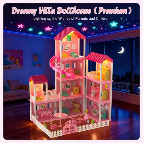 Vista 8 de Juego de casa de muñecas de ensueño para niñas, casa de muñecas de princesa con 4 pisos, 10 áreas, 2 muñecas, luces, mascotas, muebles y accesorios