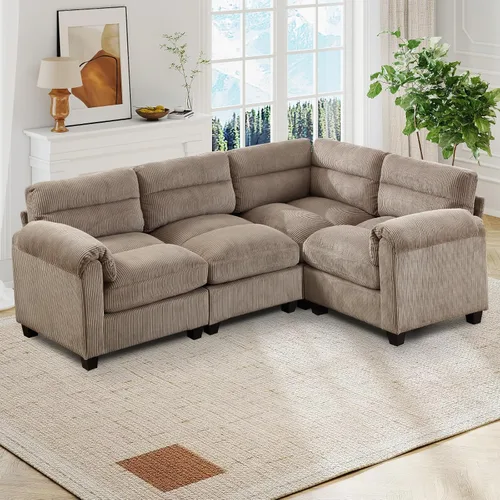 Vista 50 de HAOMARKETS Sofá esquinero modular en forma de L de 115 pulgadas con 2 otomanas móviles, sofás de pana de 8 plazas con cojín grueso para sala de Beige