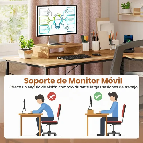 Vista 9 de Tangkula Escritorio para computadora en forma de L con tomas de corriente, escritorio para 2 personas de 95 pulgadas de largo con estante