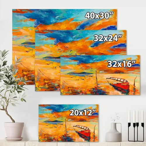 Vista 4 de DesignQ Lienzo decorativo náutico y costero para pared con diseño de barco durante la noche que brilla en el lago VIII