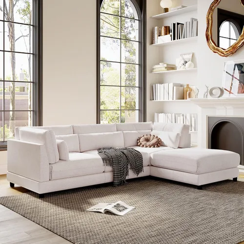 Vista 15 de Divertido y moderno sofá modular grande en forma de U como Lego, juego de sofá tapizado con otomana extraíble y asiento de almacenamiento, sofá cama
