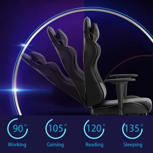 Vista 4 de Silla ergonómica para juegos para adultos, silla de escritorio ajustable con respaldo alto y soporte lumbar y reposapiés, silla de oficina de cuero