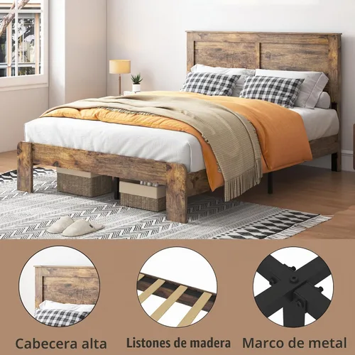 Vista 5 de Marco de cama tamaño matrimonial con cabecero, color marrón oscuro Marco de cama de plataforma de madera rústica con soporte de 12 listones