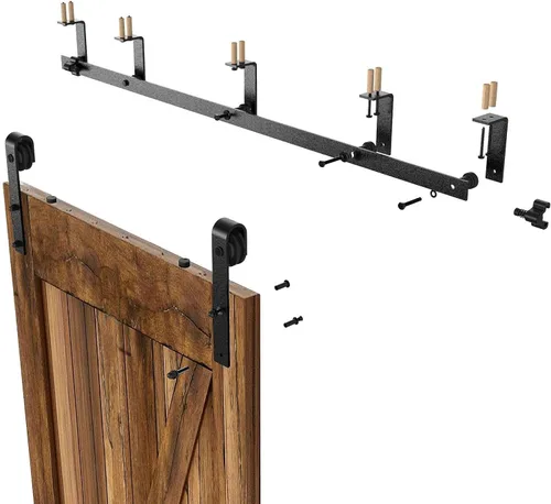 Vista 6 de CCJH Kit de herrajes para puerta corrediza de granero de 4 pies, sistema de soporte en forma de L de techo bajo para puerta de madera individual