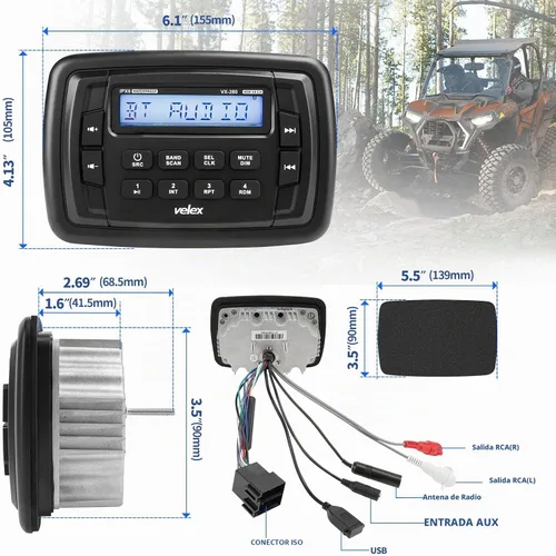 Vista 4 de Velex Powersport Radio estéreo marina AM FM sintonizador estéreo 4 x 45 W Bluetooth Streaming UTV ATV