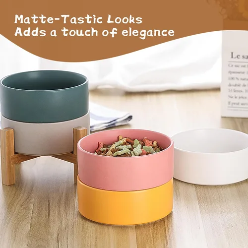 Vista 6 de Cuenco elevado de cerámica para gatos - Cuenco de comida para gatos con soporte de bambú - Plato elevado de comida para perros para cachorros - Verde