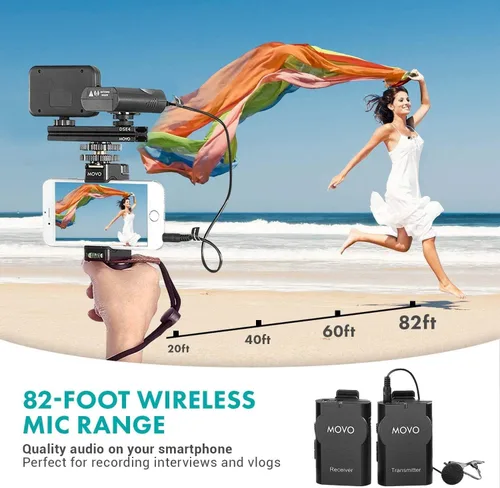 Vista 5 de Movo Kit de video inalámbrico para teléfono inteligente V2+ con trípode, agarre, micrófono de solapa inalámbrico, luz LED y control remoto,