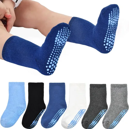 Vista 4 de SkiBeaut Calcetines antideslizantes para niños pequeños, 6 pares de medias pantorrillas, almohadilla gruesa antideslizante, calcetines cálidos
