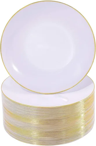 Vista 16 de Nervure - Juego de 100 platos de plástico desechables negros de 7.5 pulgadas, platos de postre negros desechables, platos de plástico dorado