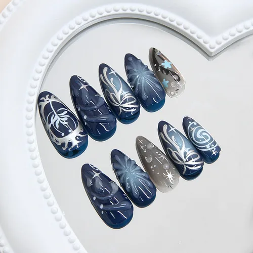 Vista 3 de 24 piezas de uñas postizas de punta francesa a presión, uñas postizas medianas en forma de almendra con diseño de ondas azul oscuro, uñas postizas