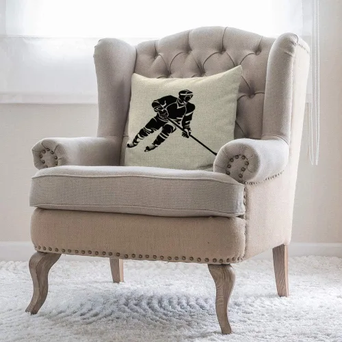 Vista 4 de Funda de almohada para jugador de hockey, silueta negra, popular juego deportivo, diseño moderno, divertido, cuadrado, funda de cojín para el hogar