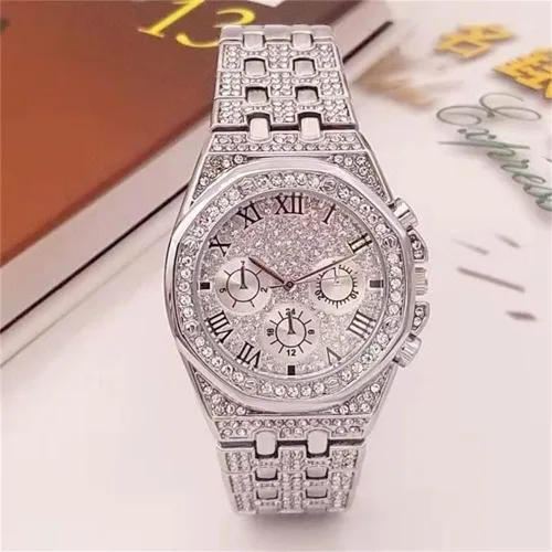Vista 2 de NUAYA Reloj de hip hop con diamantes de imitación de cuarzo para mujeres y hombres, reloj de rapero helado, joyería de diamante para hombre