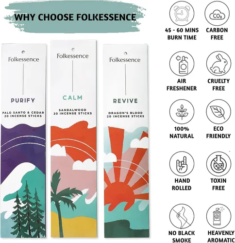 Vista 3 de Folkulture Varillas de incienso (120 varillas), juego de 6 inciensos de primera calidad para calma, aromaterapia, uso diario, sin carbón, orgánico