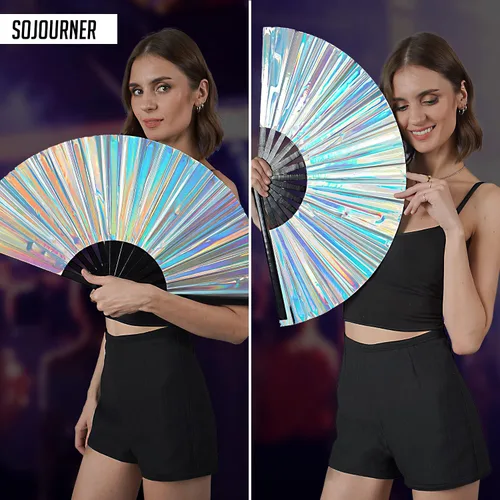 Vista 5 de Ventilador holográfico para rave, fanático del orgullo y ventilador de festivales, ventilador plegable grande para festivales, Halloween, burlesque