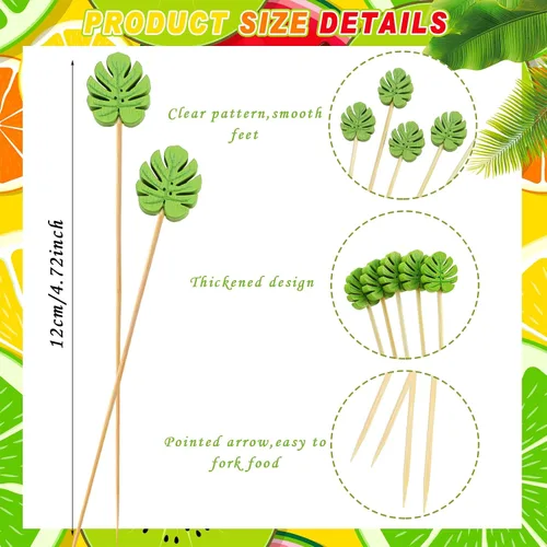 Vista 2 de WILLBOND 200 palillos de dientes largos de hoja de Monstera verde, para aperitivos, brochetas de cóctel de verano, desechables, palillos de bambú