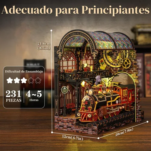 Vista 4 de Kit de rincón de libro, kit de casa en miniatura para adultos, rompecabezas LED 3D estación mágica, kit de rincón de libros, fabricado en madera