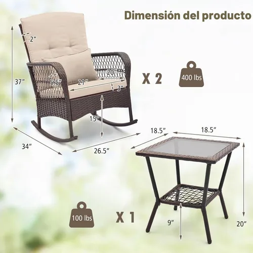 Vista 3 de ORALNER - Juego de 3 mecedoras para patio, de mimbre, color beige