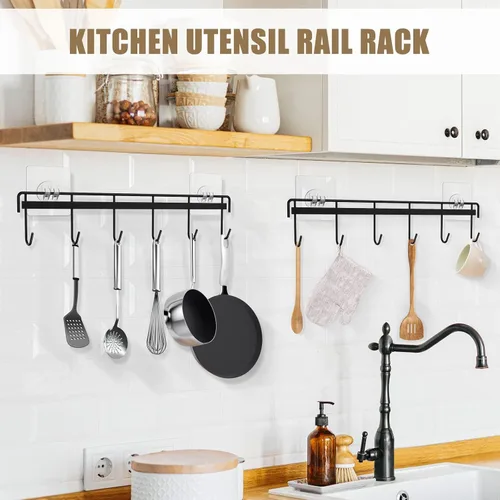 Vista 2 de Utensil Hooks Wall Utensil Holder Rail with 6 Hooks Kitchen Utensils Hanger No Drilling Wall Mounted Adhesive Utensil Hooks for Kitchen, Bathroom