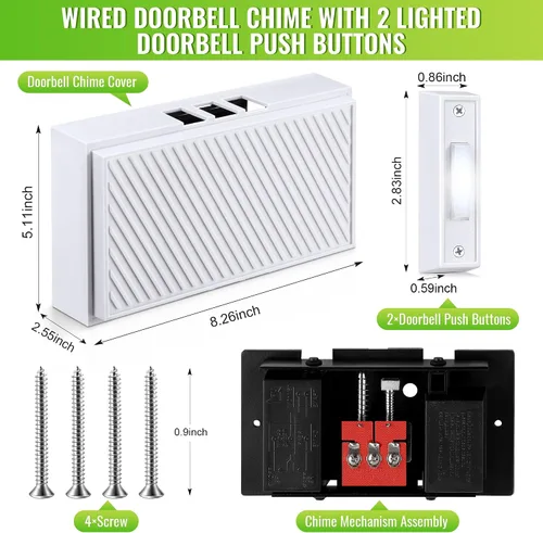 Vista 2 de Kit de timbre de puerta con cable de Saillong, 2 botones de presión de timbre iluminados de 16V 10VA con 2 notas para puerta delantera, trasera