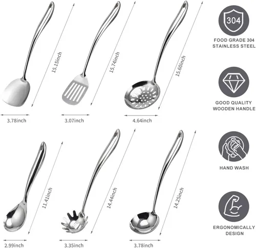 Vista 2 de VALESKA Juego de 6 utensilios de cocina de acero inoxidable, juego de utensilios de cocina de metal, incluye espátula Wok de acero inoxidable