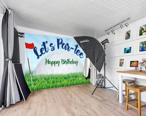 Vista 3 de Telón de fondo de cumpleaños de golf de 7 x 5 pies, Let's Par-Tee, campo de golf, tema deportivo para fiesta de cumpleaños, decoración de mesa