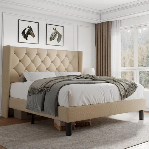 Vista 17 de iPormis - Base de cama tapizada de tamaño completo con cabecera capitonada con botones, base de cama tapizada con listones de madera sólidos, 20 cm