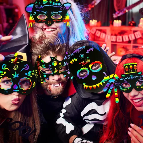 Vista 6 de MGparty Juego de 24 máscaras de rascar de Halloween para manualidades, arte de papel mágico para niños, actividades en el aula, recuerdos de fiesta