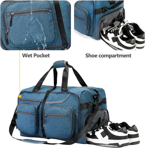 Vista 6 de Bolsa de viaje plegable de 65 litros con compartimento para zapatos y bolsillo húmedo, impermeable y resistente a desgarros, A4-azul oscuro