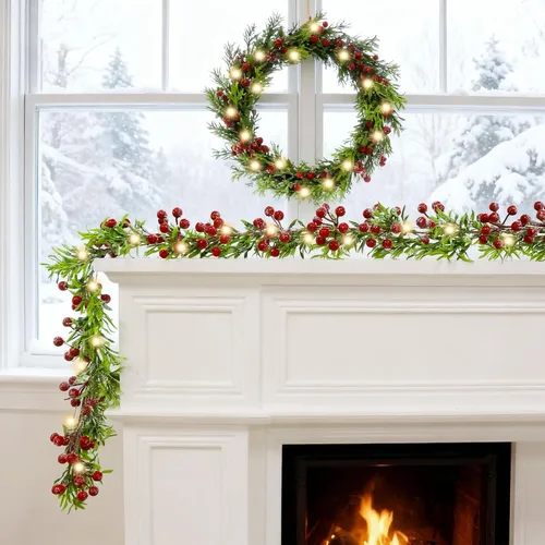 Vista 8 de Guirnalda de Navidad con luces que funciona con pilas, guirnalda de Navidad iluminada con 20 luces LED de bayas rojas de 5.6 pies, decoraciones