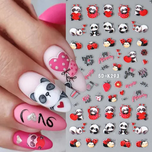 Vista 5 de Calcomanías de arte de uñas para el día de San Valentín, calcomanías de oso lindo 5D, autoadhesivas, corazón rojo, enano, panda, diseño de uñas
