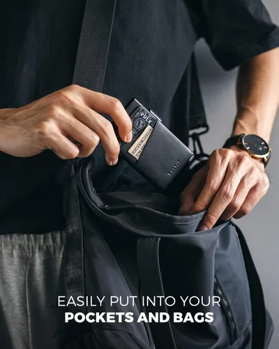 Vista 6 de VULKIT Cartera desplegable con ranuras de cuero extra con bloqueo RFID, funda delgada de metal para tarjetas, Negro