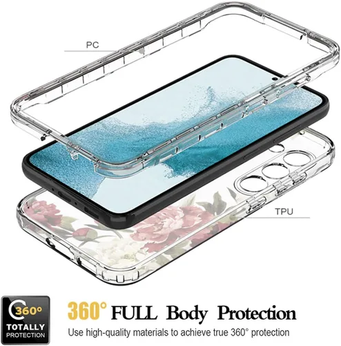 Vista 3 de Funda para Galaxy S23 con protector de pantalla de vidrio templado, funda protectora de cuerpo completo con bonito patrón floral transparente