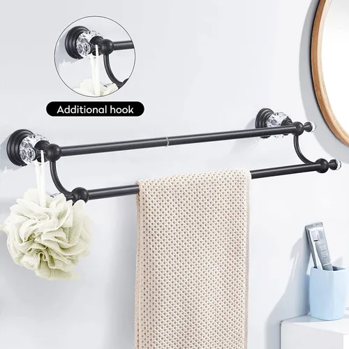 Vista 4 de WINCASE Toallero de cristal, toallero ajustable doble negro mate, colgador de toallas de baño, soporte para toallas montado en la pared