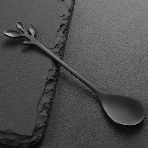 Vista 4 de AnSaw Elegantes Cucharas de Café de Hoja Negra - 10 Piezas, 4.7" Mini Cucharas de Acero Inoxidable para Espresso y Postre, Perfectas para Demitasse