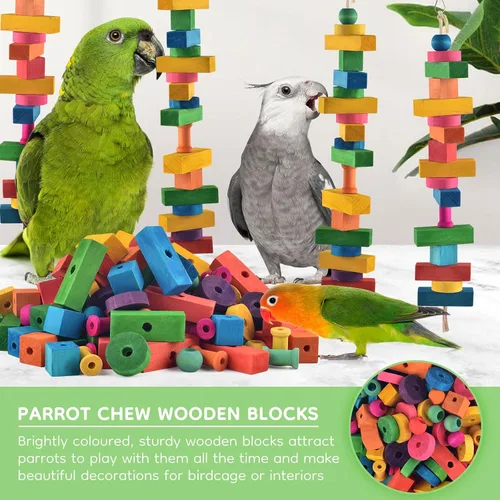 Vista 4 de DBNESS Juguetes para pájaros para loros, 165 piezas de juguete colorido para masticar, multiforma, bloques de madera, manualidades, pájaros, jaula
