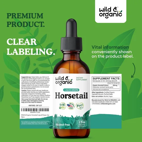 Vista 9 de Wild & Organic Gotas de Extracto de Cola de Caballo - Soporte para Cabello, Piel y Uñas - Suplemento Líquido de Cola de Caballo - Tintura a Base