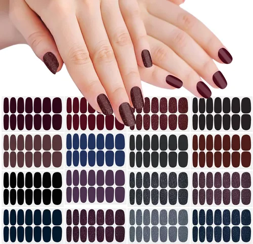 Vista 9 de 16 hojas de calcomanías de esmalte de uñas brillantes para mujeres, tiras de esmalte de uñas, tiras de uñas de gel, autoadhesivas, color sólido